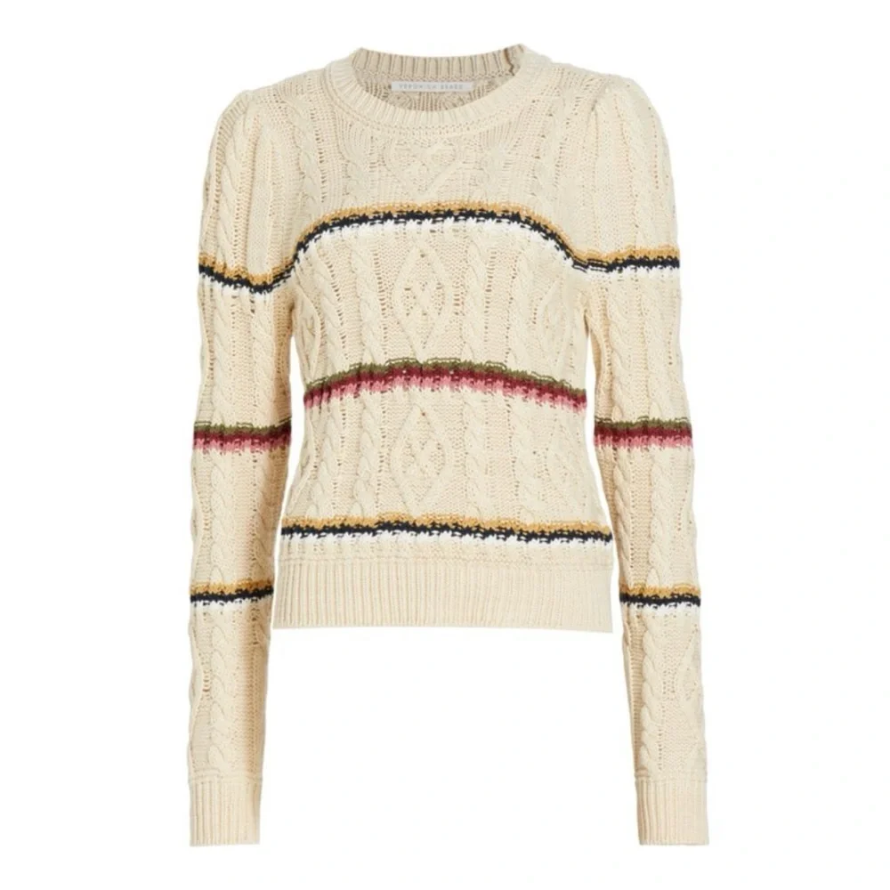 VERONICA BEARD Bruna striped cable-knit cotton-blend sweater in Ecru size medium